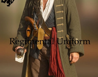 May include: A green military coat with gold buttons, worn over a white shirt and a dark blue vest. A red scarf is draped over the waist. The image includes a sword, a pistol, and the text "Regimental Uniform".