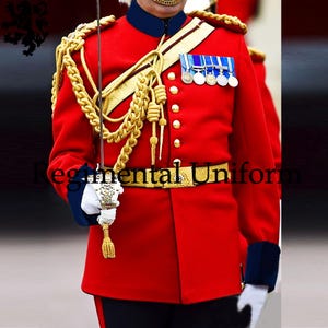 May include: A red military uniform with gold accents, including a decorative belt, shoulder epaulettes, and a sword. The uniform features blue cuffs and collar, and several medals are pinned on the chest. The text "Regimental Uniform" is visible.