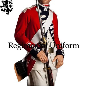 May include: A red military uniform with white and navy blue accents. The uniform includes a long-sleeved jacket, a white sash, and a white vest. The text "Regimental Uniform" is visible.