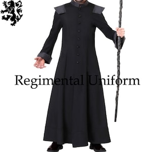 May include: Black regimental uniform coat with a high collar, button-down front, and gray shoulder accents. The long coat has flared skirt and long sleeves with gray cuffs. The image includes the text "Regimental Uniform".