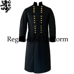 May include: A black military-style coat with gold-colored buttons arranged in double rows. The coat has a high collar and velvet cuffs. The text "Regimental Uniform" is printed on the lower left side of the coat.