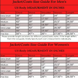 Puede incluir: Una gu&iacute;a de tallas para chaquetas y abrigos, con medidas en pulgadas para hombres y mujeres. La gu&iacute;a incluye medidas de pecho, cintura, hombros, mangas y largo para varias tallas, desde extra peque&ntilde;a hasta talla &uacute;nica.