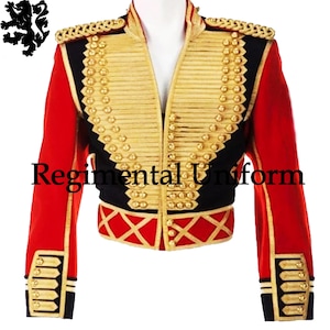 Men&#39;s Black Wool Military Officer Style Jacket with Gold Braiding - Michael Jackson Inspired British Hussar Style Men&#39;s Black Wool Jacket