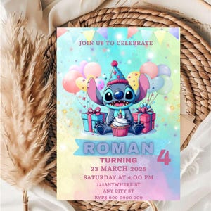 Stitch-Geburtstags-Einladungsvorlage / Bearbeitbare Stitch-Party-Einladungsvorlage für Jungen und Mädchen / Bearbeitbare Geburtstagseinladungsvorlage