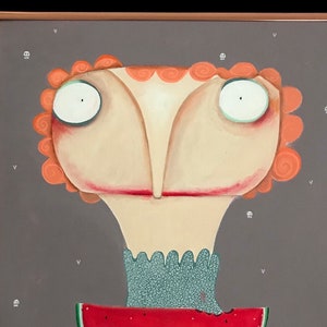 May include: A whimsical painting of a person with orange hair and large eyes holding a watermelon with a bite taken out of it. The background is a dark grey with small white shapes.