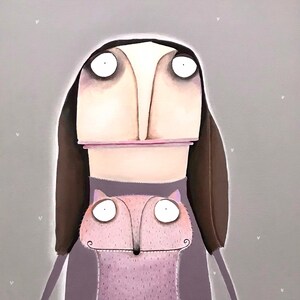May include: A whimsical illustration of two stylized figures. The top figure has a large, white face with dark brown hair. The bottom figure is pink with a fox-like face, wearing a brown skirt. The background is a soft gray.