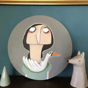 Acrylic painting "Phoebe with swan collar in quarantine" Lacaluna painting portrait painting canvas swan painting acrylic round