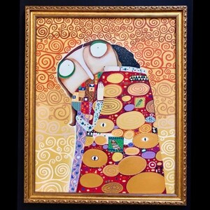 May include: A painting of two figures embracing, with a colorful, abstract background. The figures are stylized and have large eyes. The background is filled with swirling patterns and circles in shades of gold, red, and purple.
