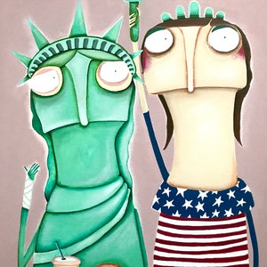 May include: A cartoon illustration of the Statue of Liberty and a person wearing a red, white, and blue striped shirt with a star-spangled top. The Statue of Liberty is holding a cup with a straw and the person is holding a red and white box with french fries. There is a hamburger on the table.