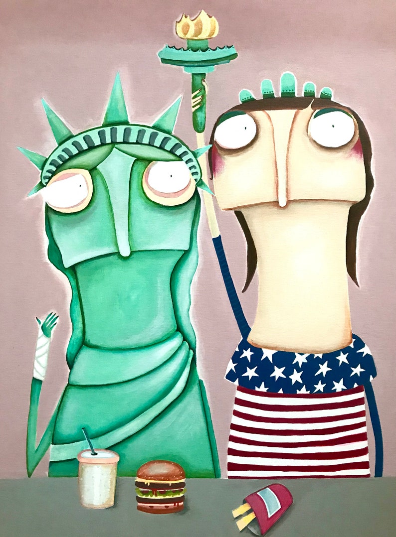 May include: A cartoon illustration of the Statue of Liberty and a person wearing a red, white, and blue striped shirt with a star-spangled top. The Statue of Liberty is holding a cup with a straw and the person is holding a red and white box with french fries. There is a hamburger on the table.
