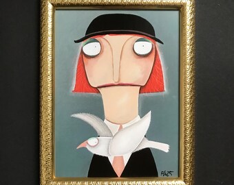 May include: A painting of a person with red hair wearing a black hat and a white shirt with a white bird on their shoulder. The background is a light blue color.