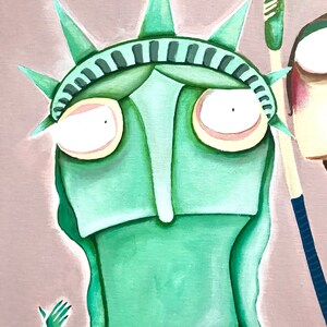 May include: A green cartoon depiction of the Statue of Liberty with a crown and a worried expression.