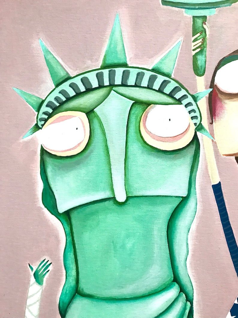 May include: A green cartoon depiction of the Statue of Liberty with a crown and a worried expression.