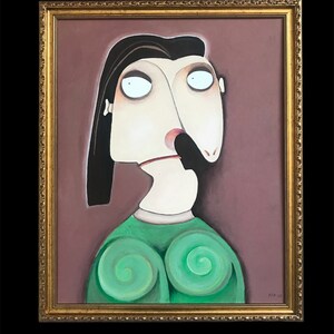 May include: A framed painting of a person with a green shirt and a brown background. The person has a large nose and large eyes. The painting is signed "PIR JC".
