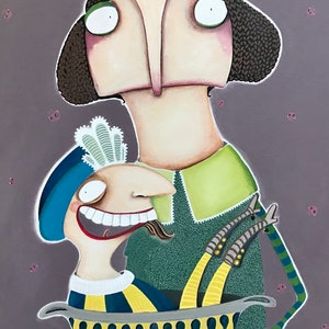 May include: A whimsical painting of two figures, one wearing a green dress and the other a blue and yellow striped shirt, sitting in a grey bowl. The figures have exaggerated features and are set against a purple background with small pink dots.