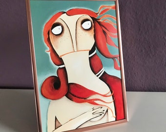 May include: A framed painting of a woman with red hair and a white mask. The woman is depicted in a stylized, cartoonish style with large eyes and a long, flowing red dress.