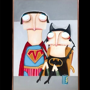 May include: A painting of two cartoon characters dressed as superheroes. The character on the left is wearing a red, blue, and yellow Superman costume. The character on the right is wearing a black Batman costume with a yellow bat symbol. The painting is set against a gray background.