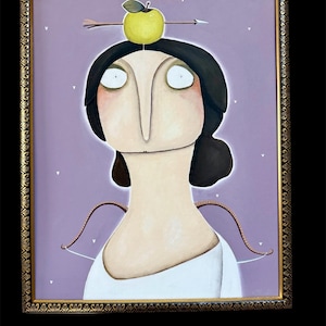 May include: A framed painting featuring a stylized figure with dark hair, a white garment, and a yellow apple balanced on their head, pierced by an arrow. The figure has wide eyes and a long nose, set against a light purple background with small white v-shaped marks.