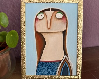 Acrylbild "Mona Lisa XXS" lacaluna Kunst Malerei Portrait to go Minibild Bild Gemälde Dekoration Hundebild Hund da Vinci Goldrahmen Pizza