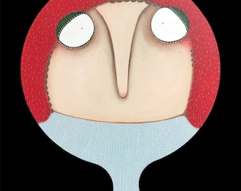 May include: A round, hand-painted wooden mirror with a blue handle. The mirror features a whimsical illustration of a person with red hair, a blue sweater, and large eyes.