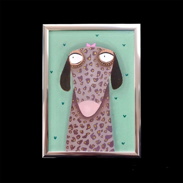 Acrylbild "Giraffen-Hund Nofretete" lacaluna Kunst Malerei Portrait to go Minibild Bild Gemälde Dekoration Hundebild Hund