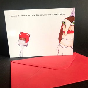 Hasskappen-Klappkarte mit Tante Bartsch Klappkarte Grußkarte lacaluna Glückwunschkarte Kunst Malerei Portrait Geschenk Scheidung