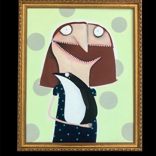 Acrylbild "Hedwig Kopetzky mit ihrem Pinguin Pawel" Gemälde lacaluna
