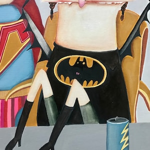 May include: A painting of a person wearing a black and yellow costume with a bat symbol on the chest. The person is sitting in a chair with their legs crossed. There is a can with a lightning bolt on it in the foreground.