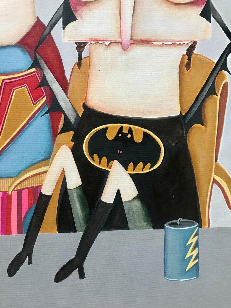 May include: A painting of a person wearing a black and yellow costume with a bat symbol on the chest. The person is sitting in a chair with their legs crossed. There is a can with a lightning bolt on it in the foreground.