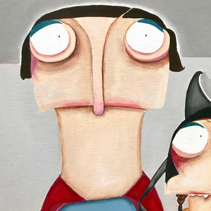May include: A painting of two cartoon characters. The character on the left is wearing a red and blue superhero costume. The character on the right is wearing a black hat and has a braid. Both characters have large eyes and exaggerated features.