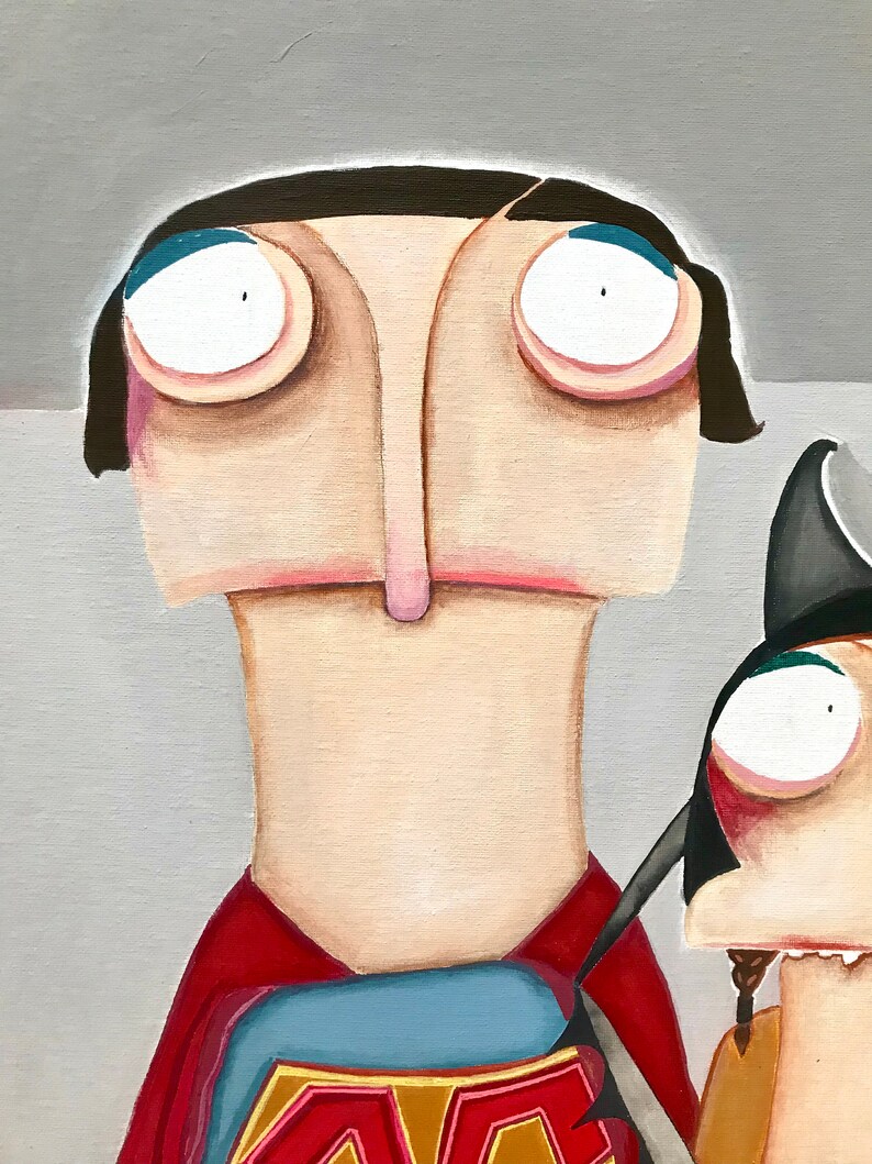 May include: A painting of two cartoon characters. The character on the left is wearing a red and blue superhero costume. The character on the right is wearing a black hat and has a braid. Both characters have large eyes and exaggerated features.