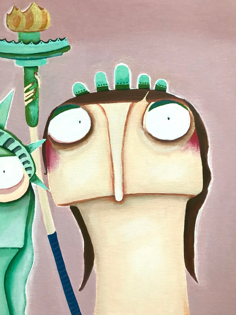 May include: A painting of a woman with large eyes and a crown of green leaves. She has a light brown complexion and brown hair. The background is a light pink color.