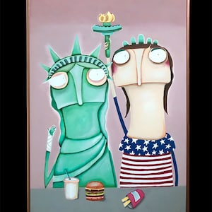 May include: A painting of a cartoon version of the Statue of Liberty and a person wearing a red, white, and blue striped shirt with stars. The Statue of Liberty is holding a torch and the person is holding a red, white, and blue striped package of french fries. Both are standing in front of a table with a burger and a cup of soda.