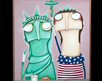 Chill mit Liberty USA Freiheitsstatue Amerika Kunst Malerei Acrylbild Geschenk Hochzeit rosa türkis Gemälde Burger Liberty New York