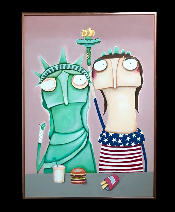 Chill mit Liberty USA Freiheitsstatue Amerika Kunst Malerei Acrylbild Geschenk Hochzeit rosa türkis Gemälde Burger Liberty New York