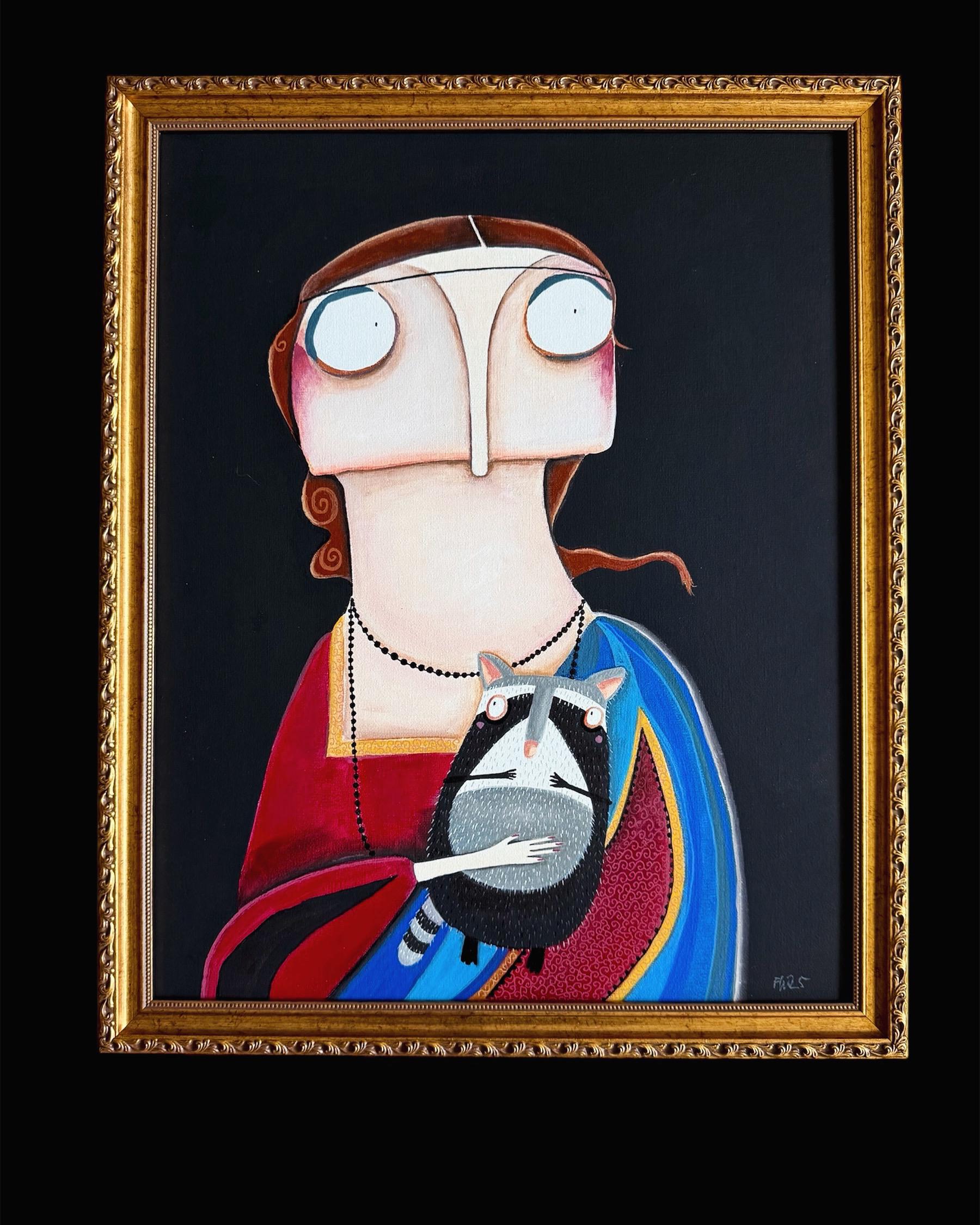 Die Dame mit dem Waschbären, nach Leonardo da Vinci lacaluna Portrait Hermelin Kunst Malerei Wanddrko Goldrahmen alte Meister Comic Art