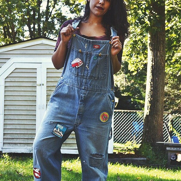 Vintage Dickies 70's Peace on Earth Hippie Trail Patched Denim Distressed Overalls // M