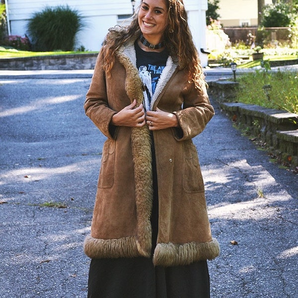 Vintage Shearling Leather Faux Fur Hooded Princess Penny Lane Coat // SM