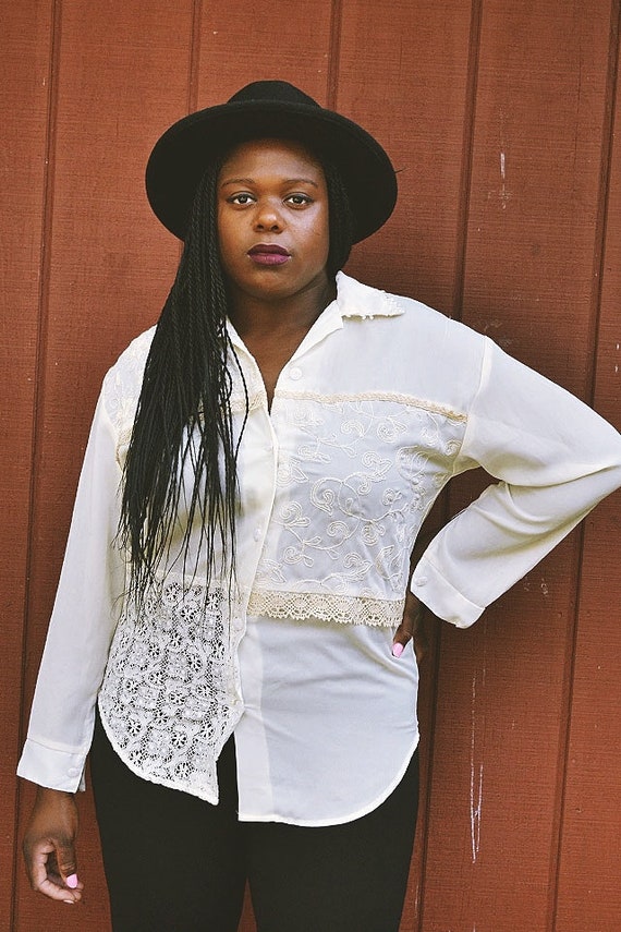 Vintage Dove and Sage Cream Lace Patchwork Blouse… - image 1