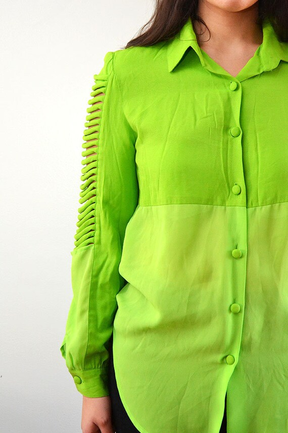 Vintage Neon Green Two Tone Ribbed Sleeve Blouse … - image 7