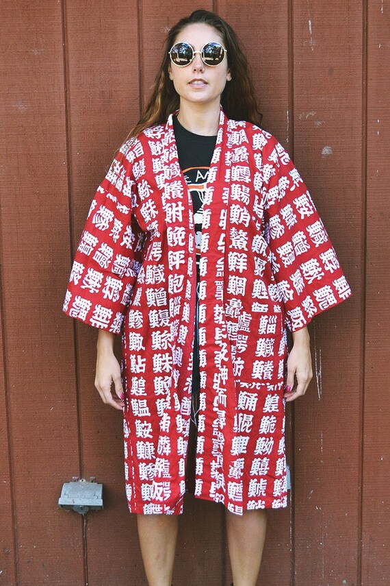 Vintage Red and White Japanese Duster Kimono // O… - image 8