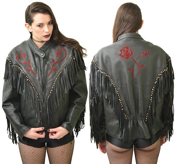 Deflowered Leather Fringe Rose Print Biker Jacket… - image 5