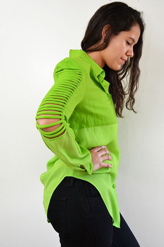 Vintage Neon Green Two Tone Ribbed Sleeve Blouse … - image 3