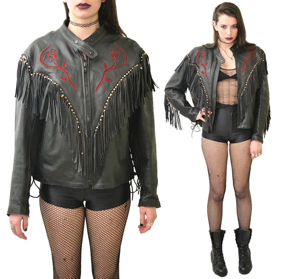 Deflowered Leather Fringe Rose Print Biker Jacket… - image 2