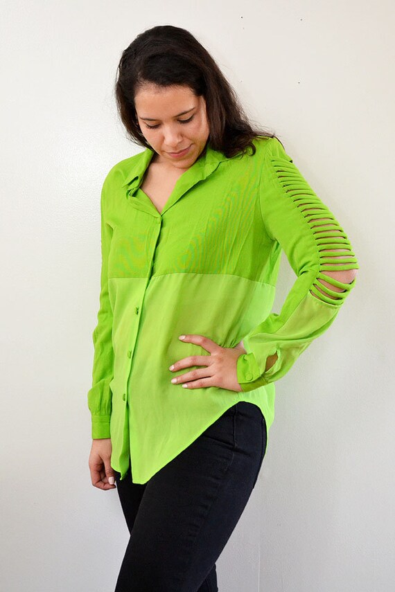 Vintage Neon Green Two Tone Ribbed Sleeve Blouse … - image 2