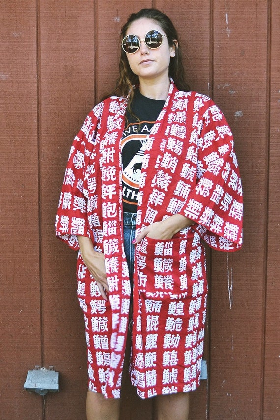 Vintage Red and White Japanese Duster Kimono // O… - image 7
