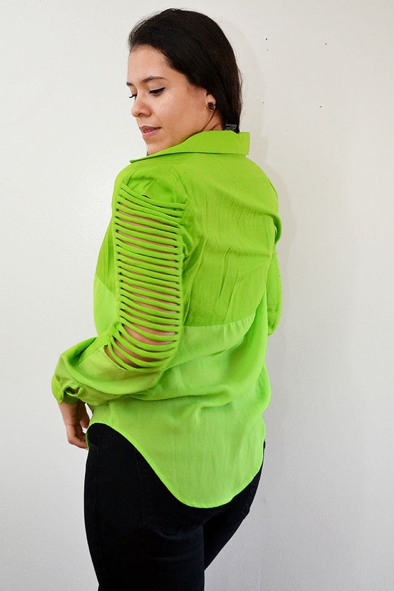 Vintage Neon Green Two Tone Ribbed Sleeve Blouse … - image 4