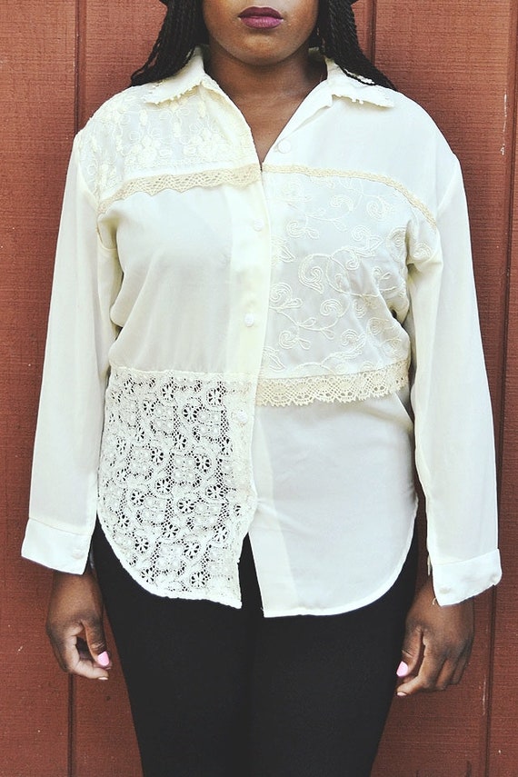Vintage Dove and Sage Cream Lace Patchwork Blouse… - image 6