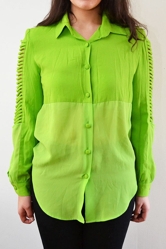 Vintage Neon Green Two Tone Ribbed Sleeve Blouse … - image 6