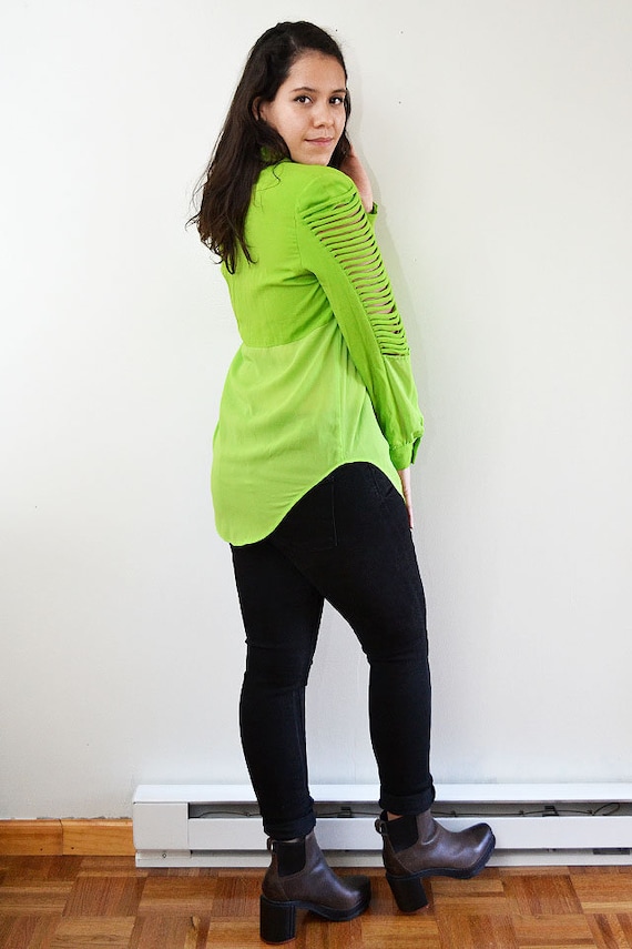 Vintage Neon Green Two Tone Ribbed Sleeve Blouse /